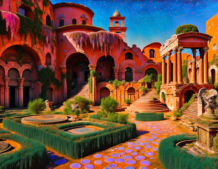 Colorful courtyard with pink-orange buildings, green hedges, starry sky, and circular stone path