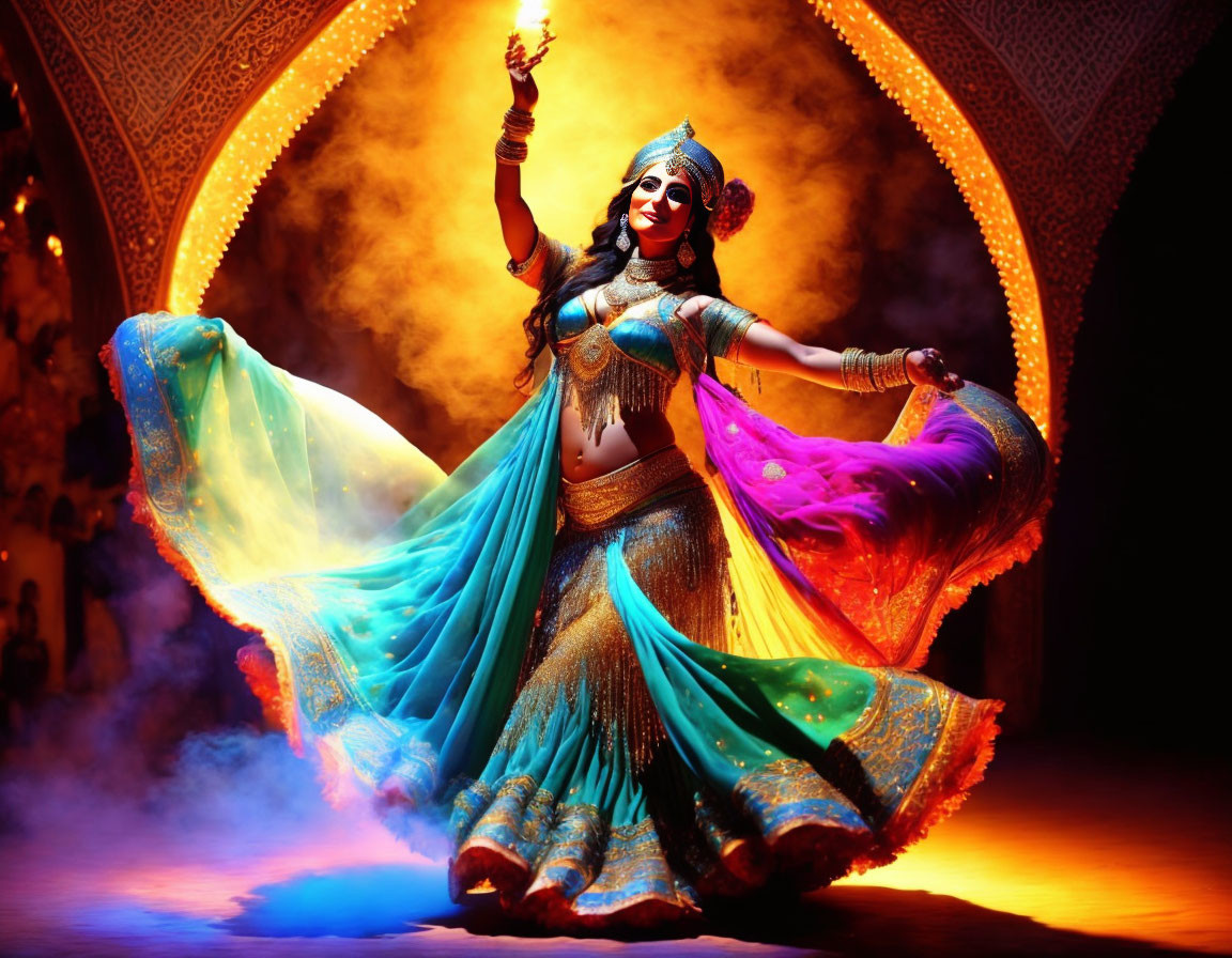 Traditional Indian Attire Dancer with Illuminated Backdrop