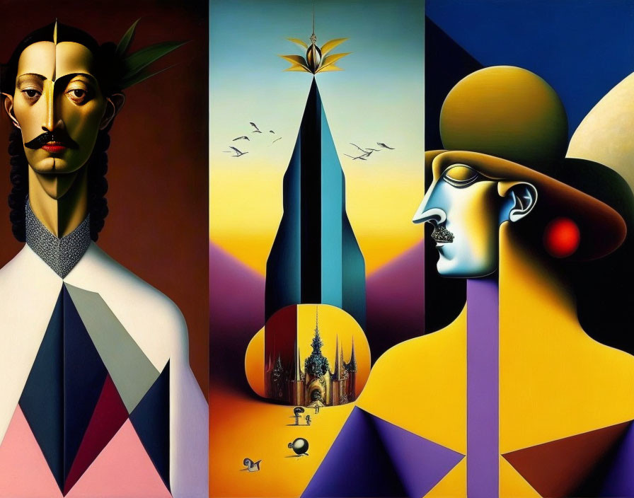 Surreal artwork: Stylized faces, geometric shapes, star structure, birds in warm background