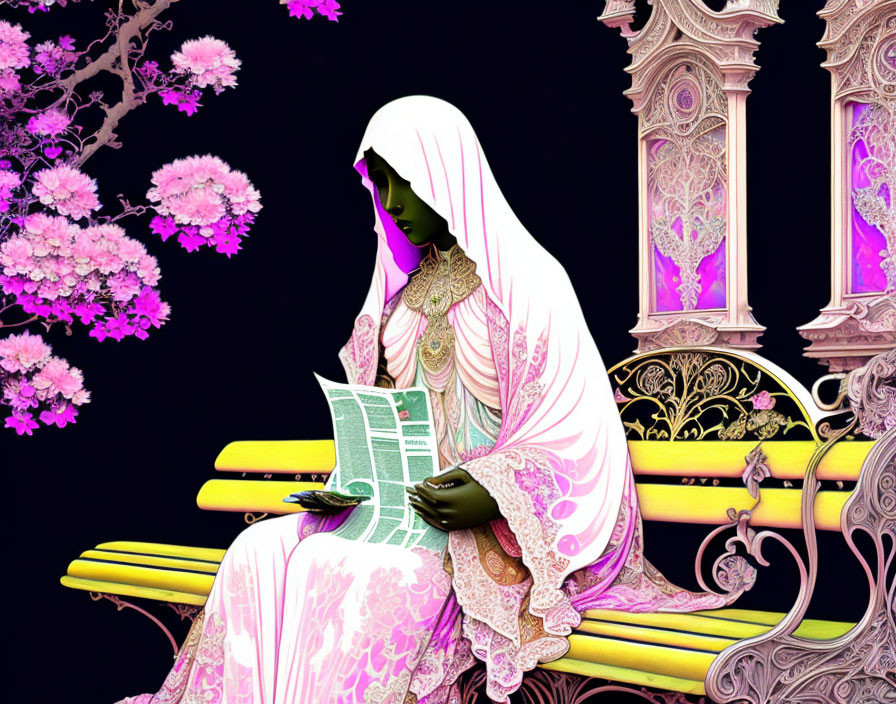 Woman in white and pink robe reading on bench with pink blossoms and ornate pillars.