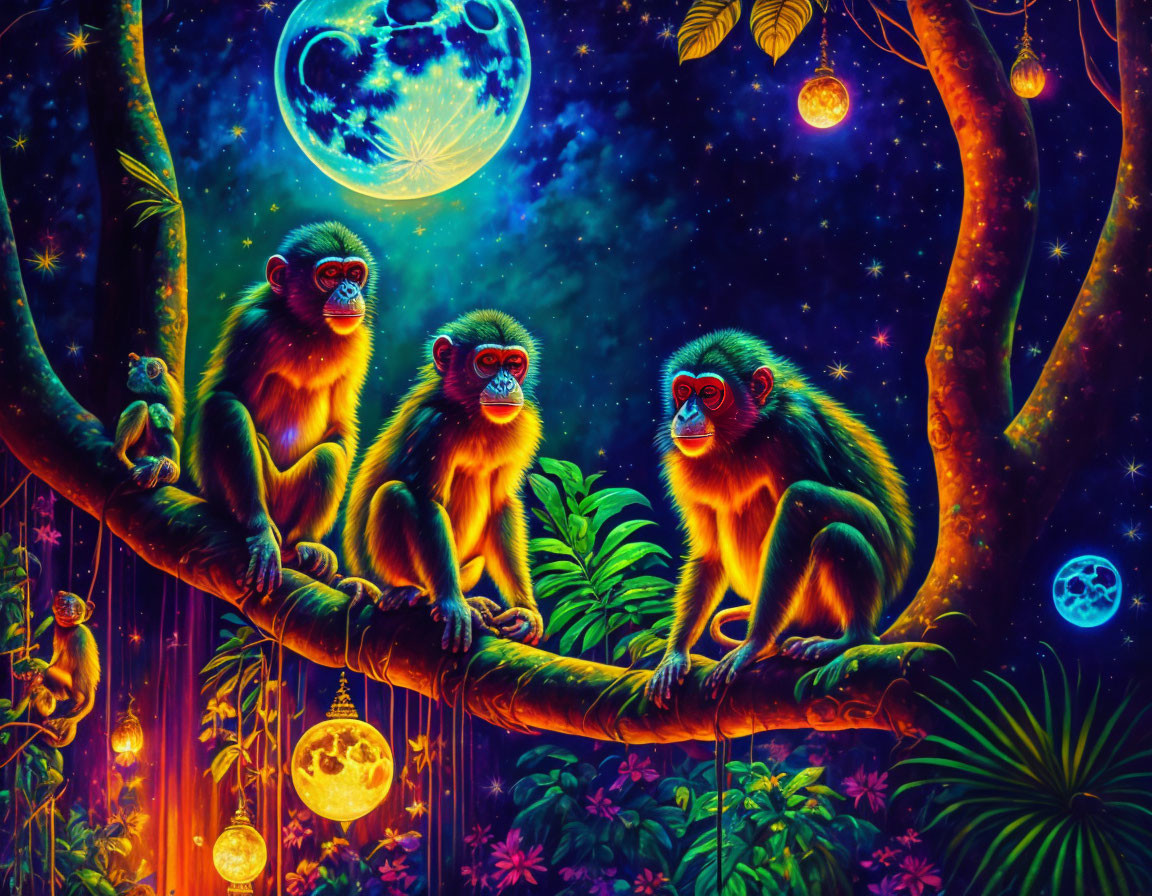 Vibrant monkeys on branch in mystical forest with blue moon and glowing orbs