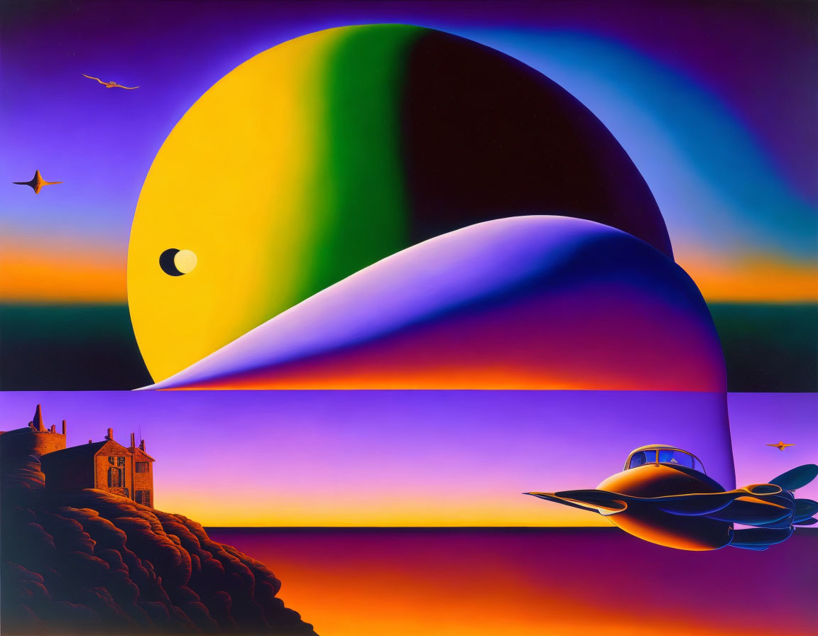 Colorful surreal landscape with yellow sun, purple sky, cliff house, bird, and futuristic flying vehicle