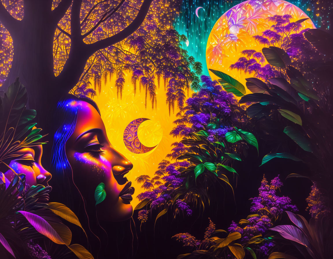 Colorful dual face profiles blend with lush cosmic jungle background