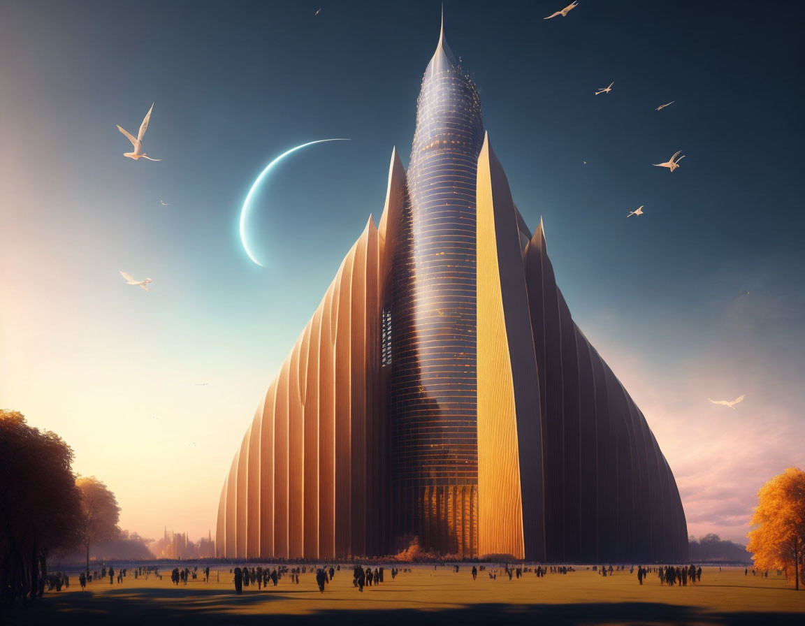 Towering futuristic skyscraper in autumn twilight scene