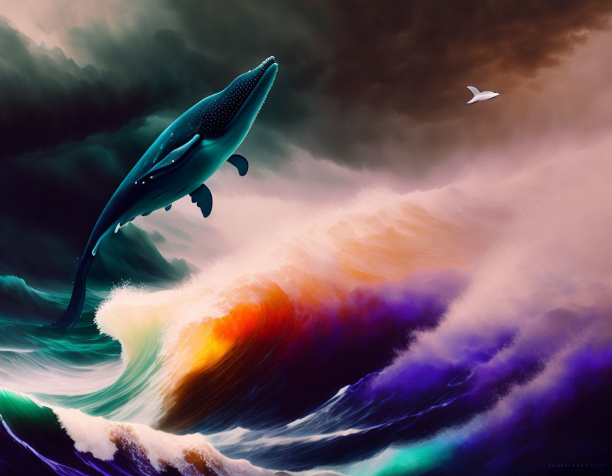 Whale flying above colorful clouds with bird under stormy sky