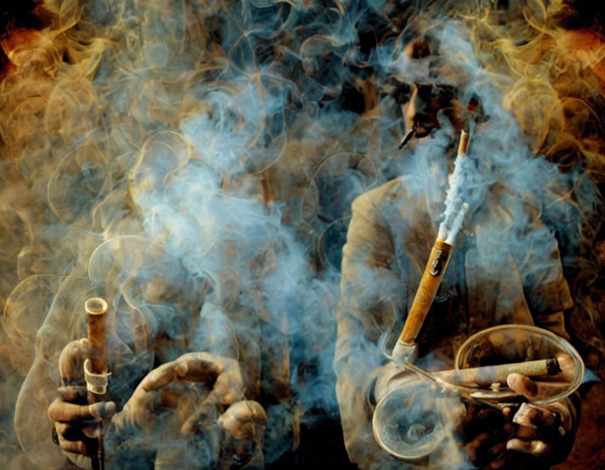 Person surrounded by thick smoke holding hookah, swirling abstract patterns.