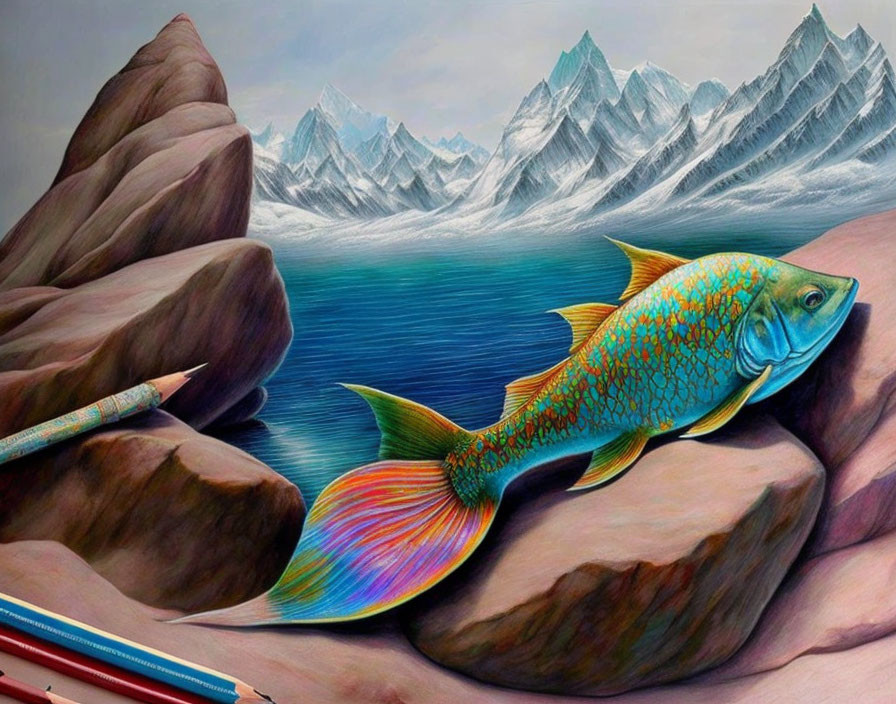 Colorful Fish Swimming Among Boulders and Mountains with Pencils