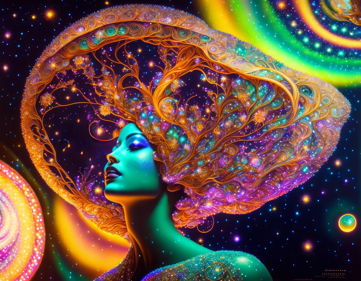 Colorful digital artwork: Woman with cosmic headdress in galaxy swirl.