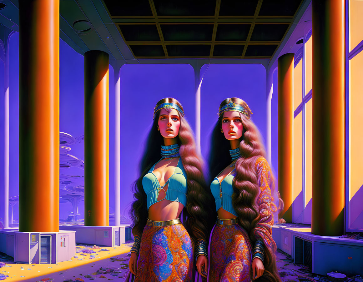 Two women in ornate costumes with long wavy hair in futuristic violet space