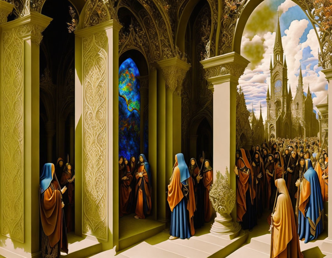 Gothic-style cloister with monks, figures in blue cloaks, intricate arches, stained