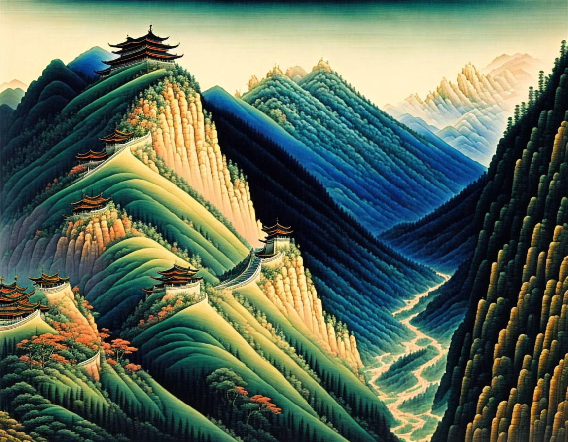 Traditional Asian Landscape Painting: Layered Mountains, Pagodas, and Winding River