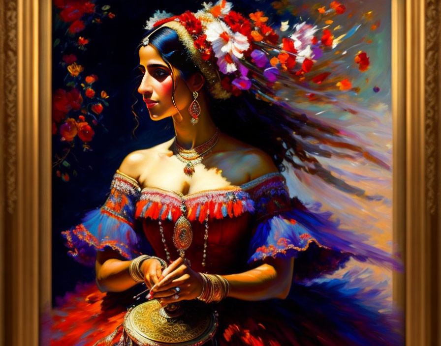 Colorful painting of woman in traditional attire with jewelry and flowers.