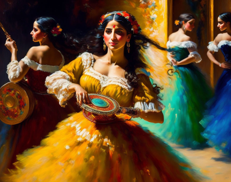 Colorful painting of woman in yellow dress with tambourine and dancers in background capturing flamenco scene