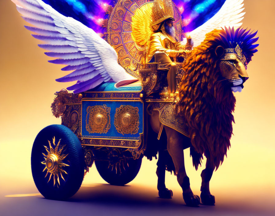 Winged lion pulling chariot with armored rider in mystical setting