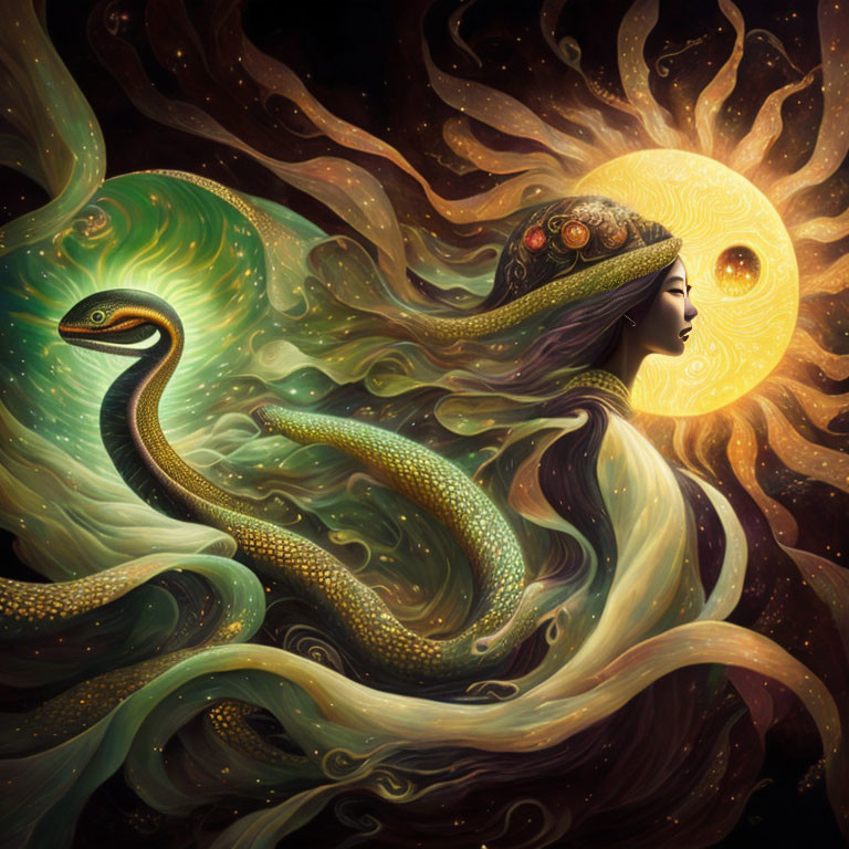 Mystical artwork: woman with flowing hair and serpent in cosmic setting