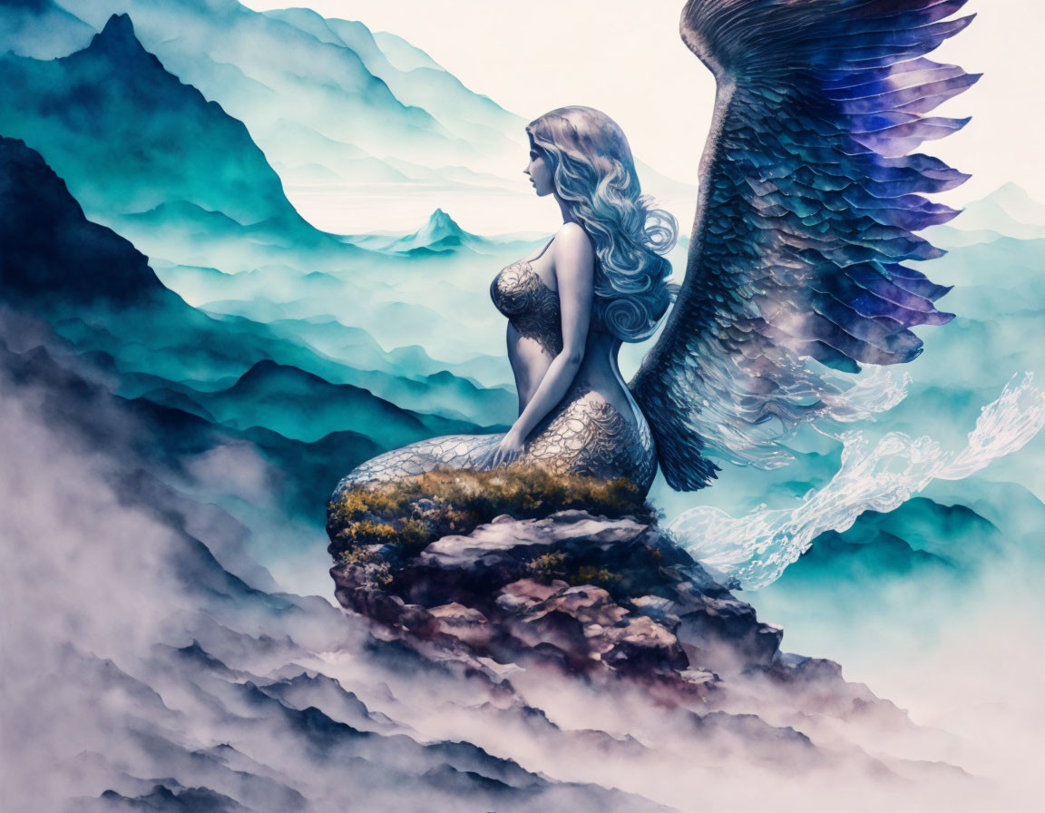 Ethereal winged woman on rocky outcrop gazes at misty sea and blue mountains