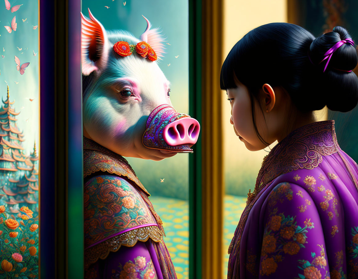 Traditional dress girl faces ornately decorated pig against vibrant backdrop