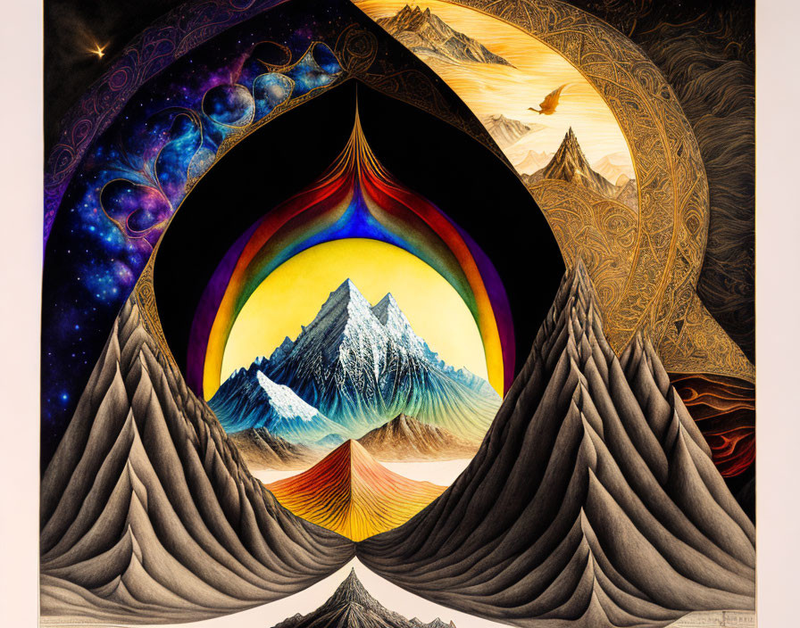 Surreal landscape with concentric circles, mountain, curtains & geometric patterns