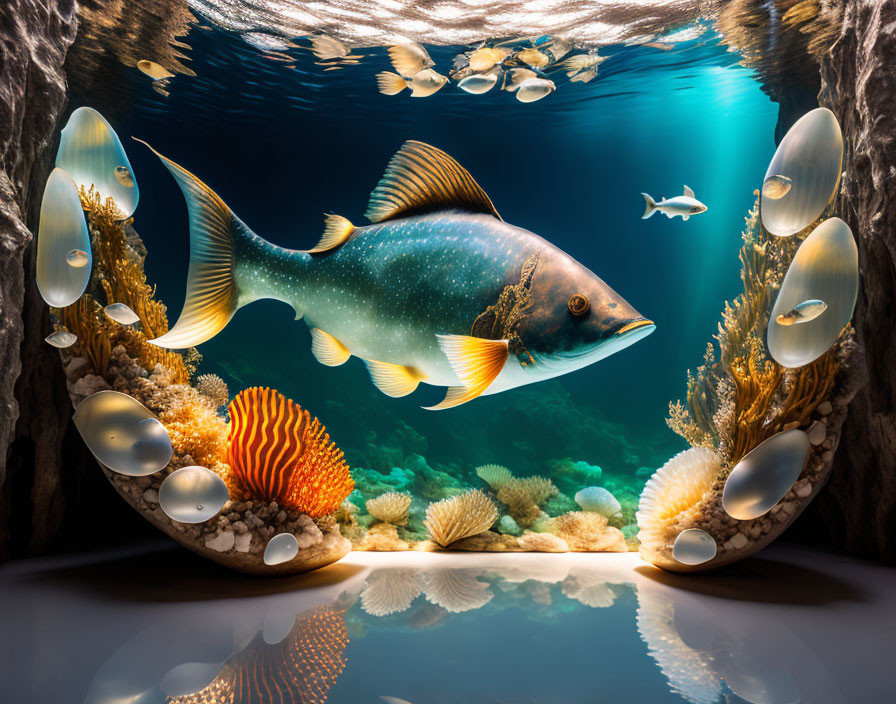 Large fish surrounded by smaller fish, coral, and pebbles in oval frame