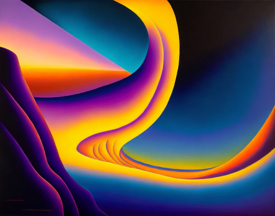 Colorful swirling forms in violet to yellow gradient on dark background