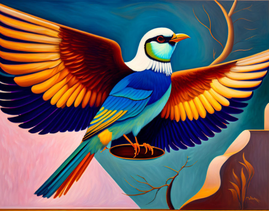 Colorful Bird Painting with Orange and Blue Wings on Branch