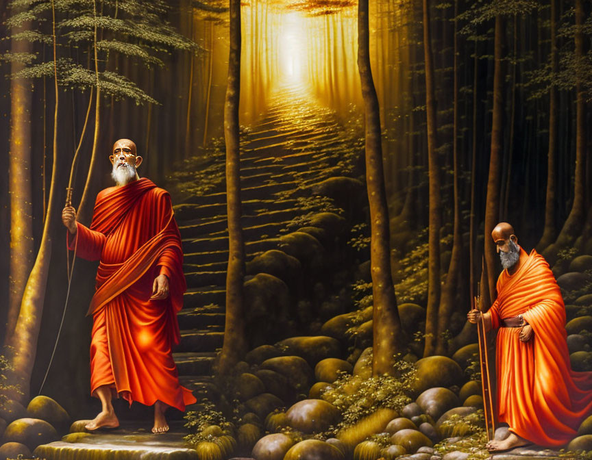 Mystical forest scene with two figures in orange robes