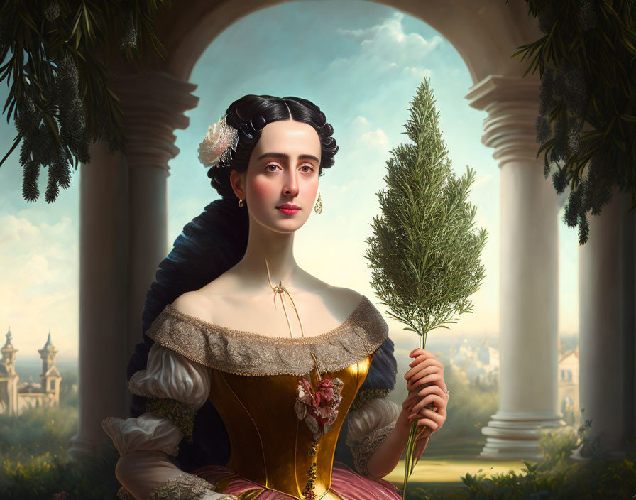 Historic attire woman portrait with plant, columns, idyllic landscape