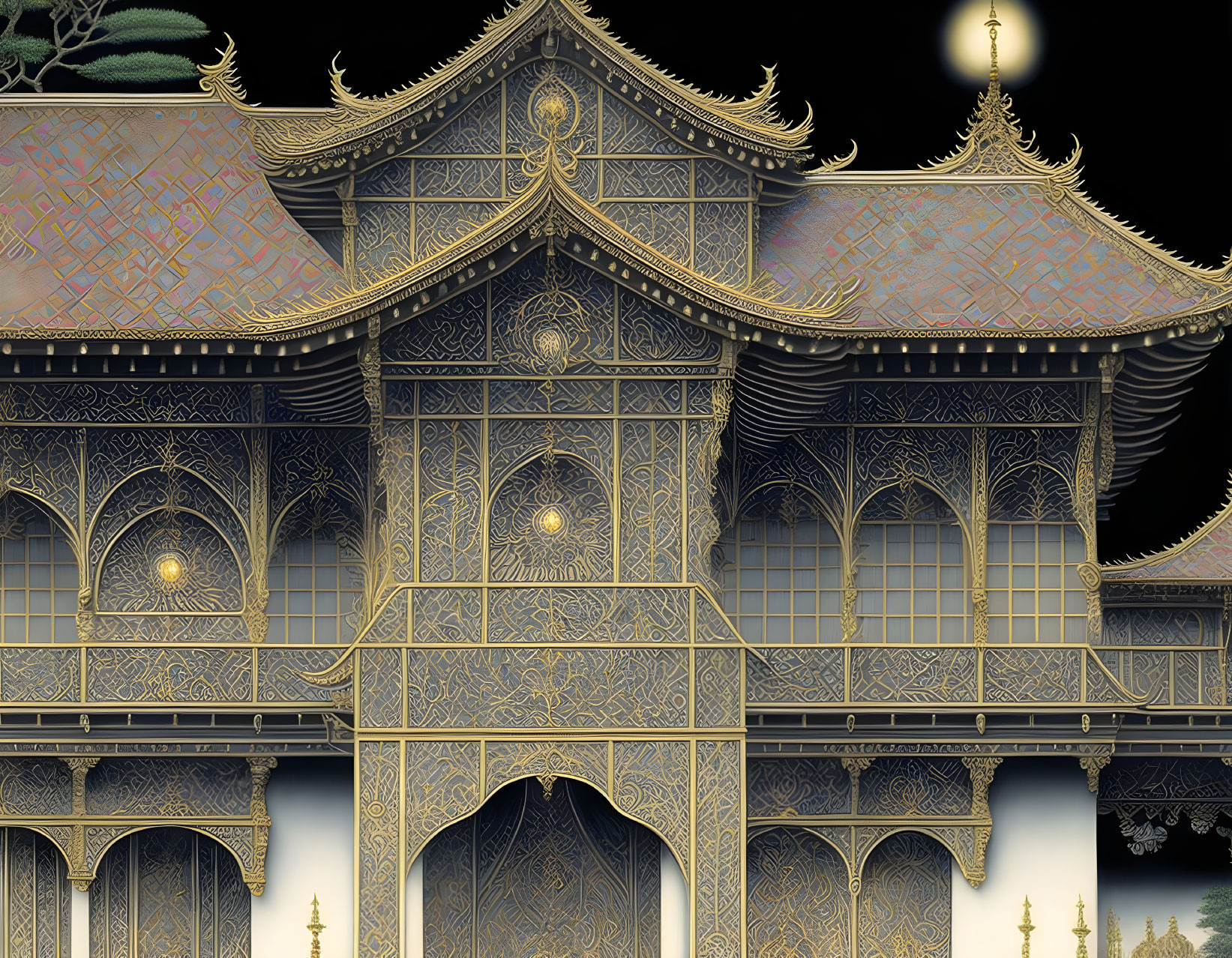 Detailed illustration of ornate building with gold accents and patterns under night sky.