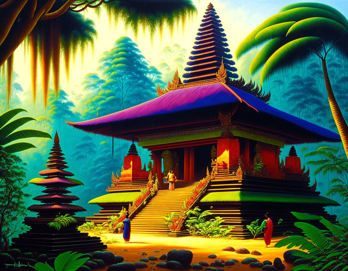 Traditional temple with blue roof in lush jungle, figures in red and yellow