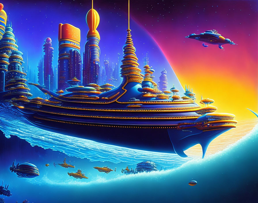 Futuristic sci-fi cityscape on floating platform with spaceships over ocean