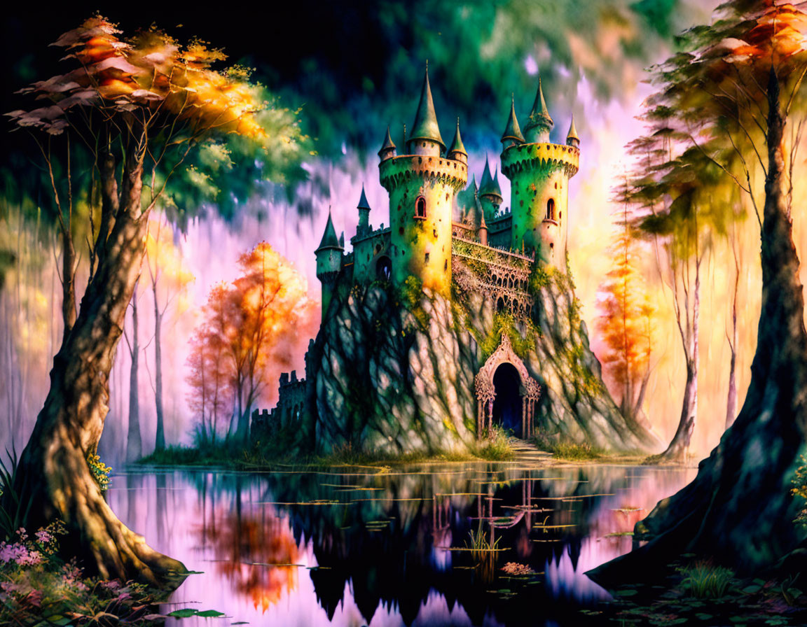 Enchanted castle towers in mysterious forest by serene lake