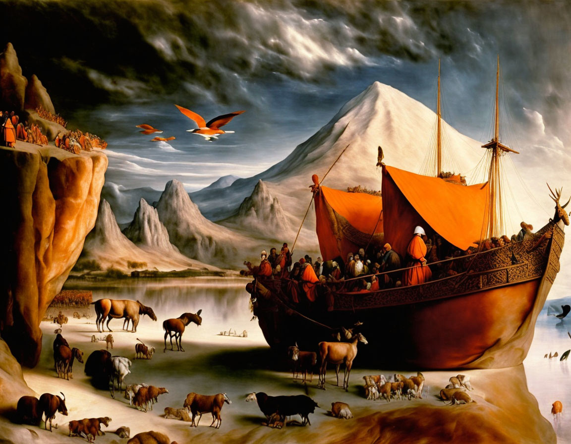 Large ornate ship painting with animals and mountain backdrop