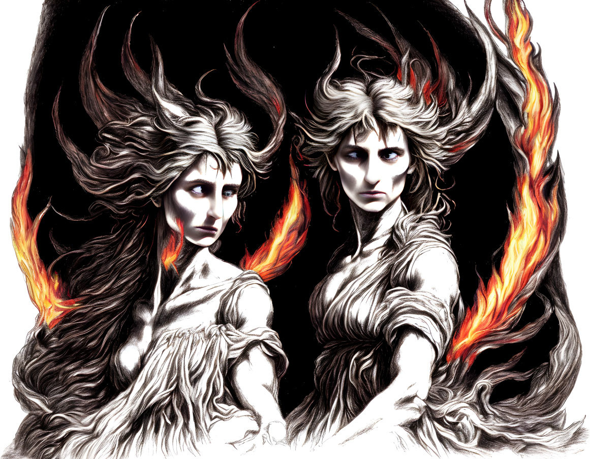 Twin figures with fiery hair and intense gazes in black, white, and orange palette