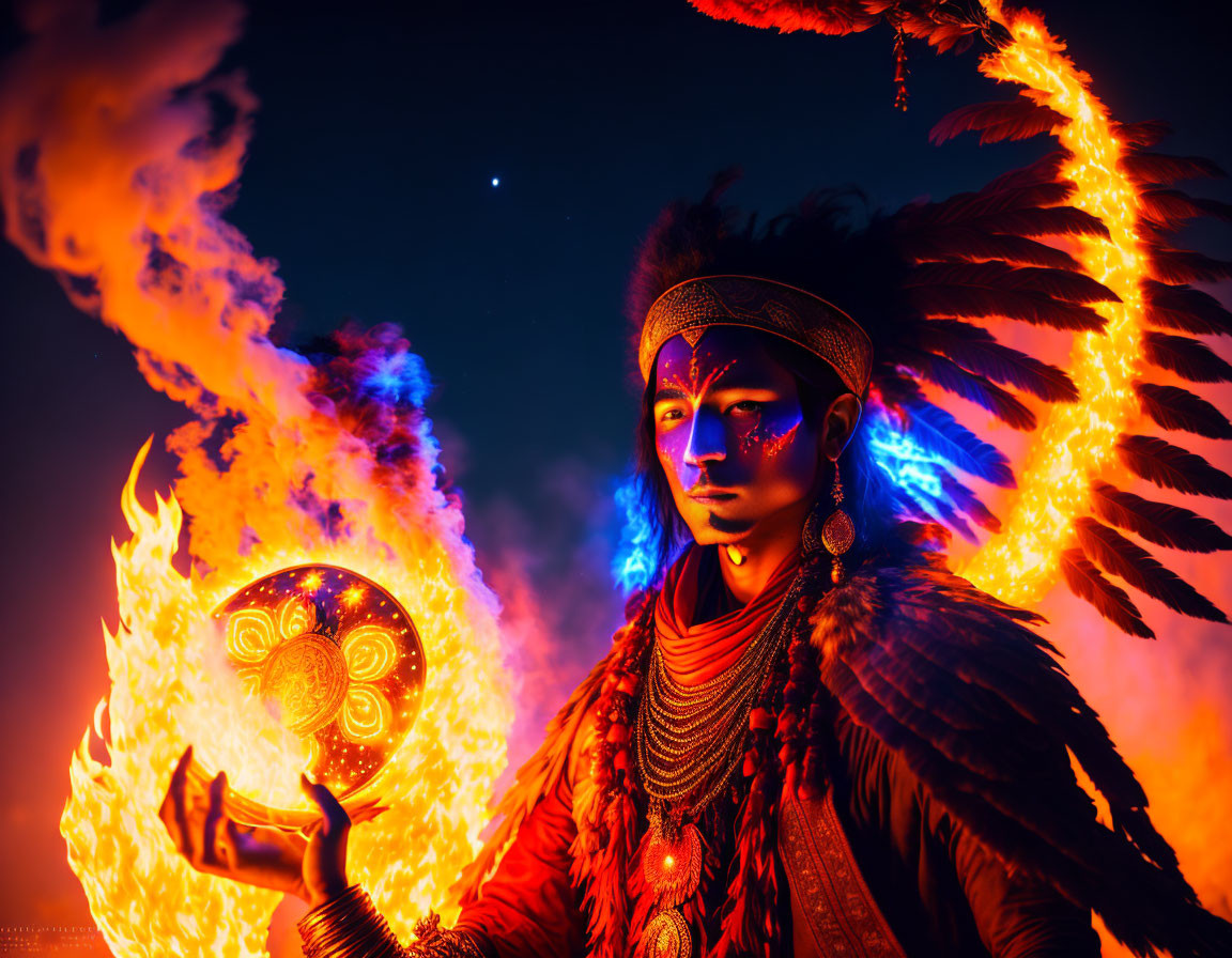 Person in tribal attire with lit torch against starry background