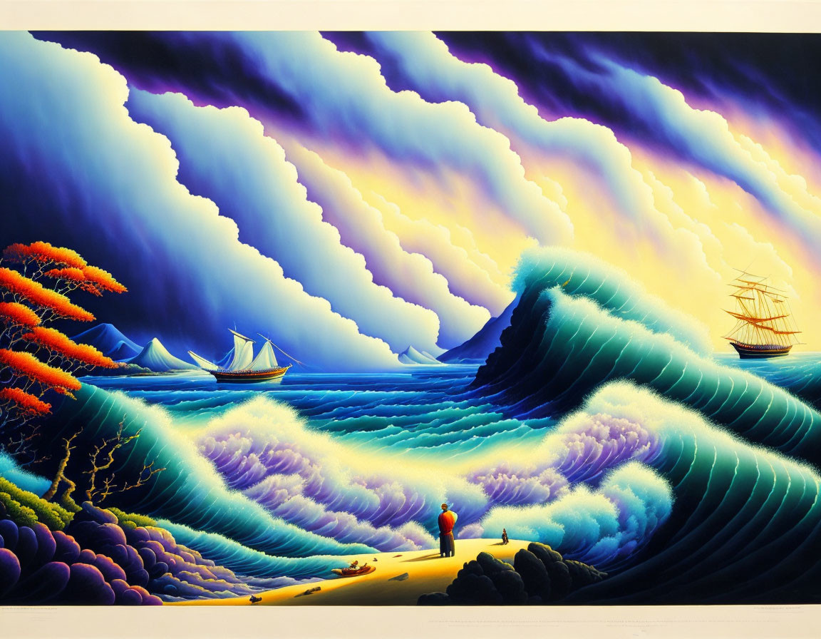 Colorful seascape painting with exaggerated waves, sailing ship, flora, and solitary figure