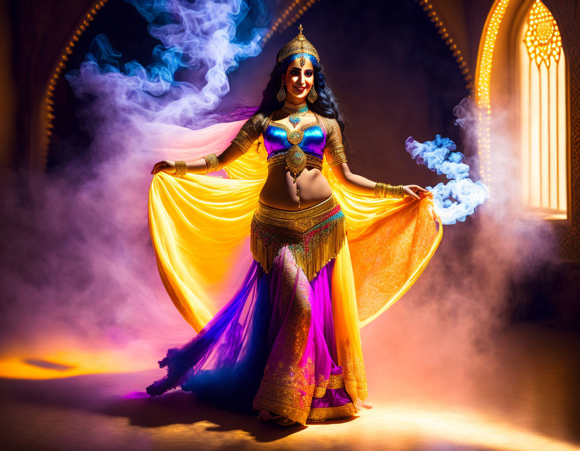 Woman in ornate belly dance attire in mystical Arabian setting with vibrant skirts and dynamic lighting.