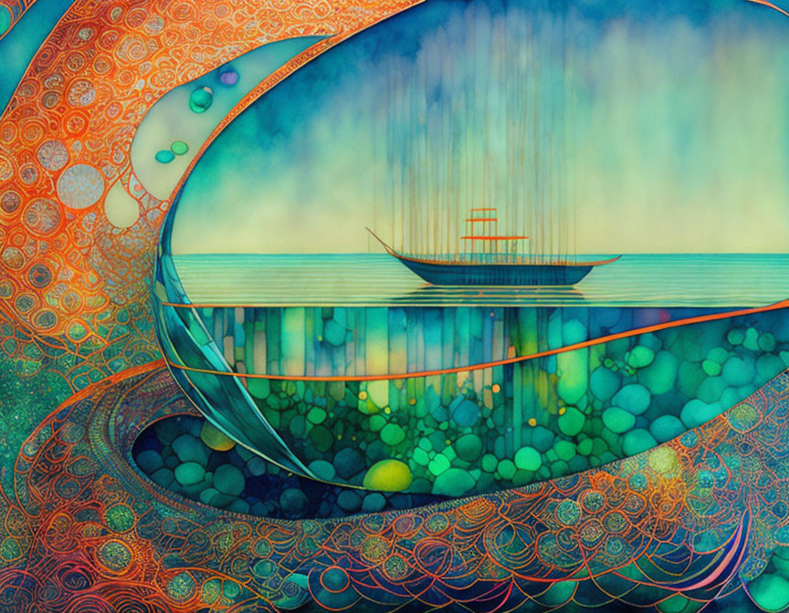 Colorful surreal artwork: ship on wave-like sphere in vibrant, patterned sea-sky setting