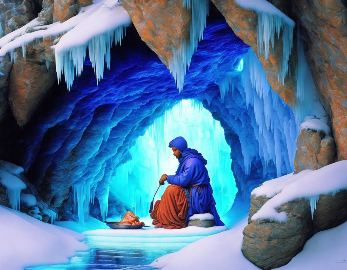 Person and dog in warm clothing at entrance of vibrant blue ice cave