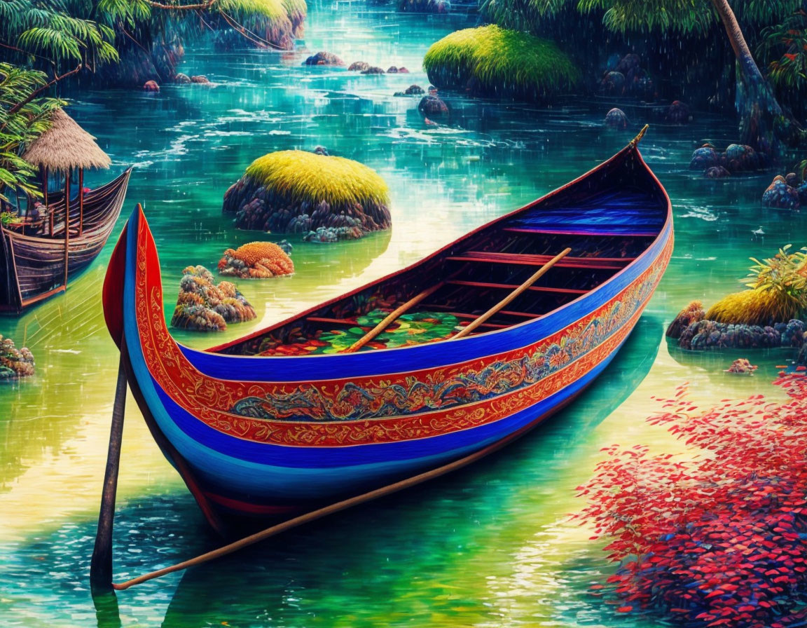 Colorful Boat Floating on Calm River Amid Lush Greenery