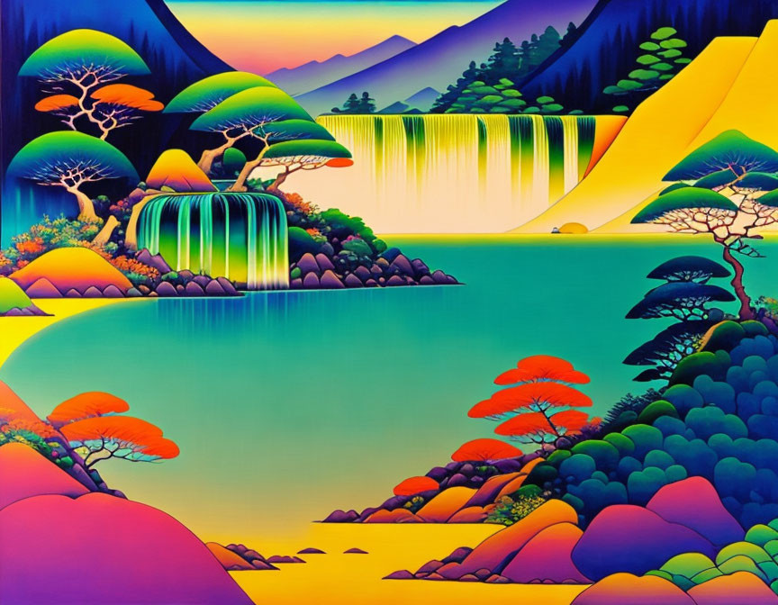 Colorful surreal landscape with trees, hills, waterfalls, and sunset sky