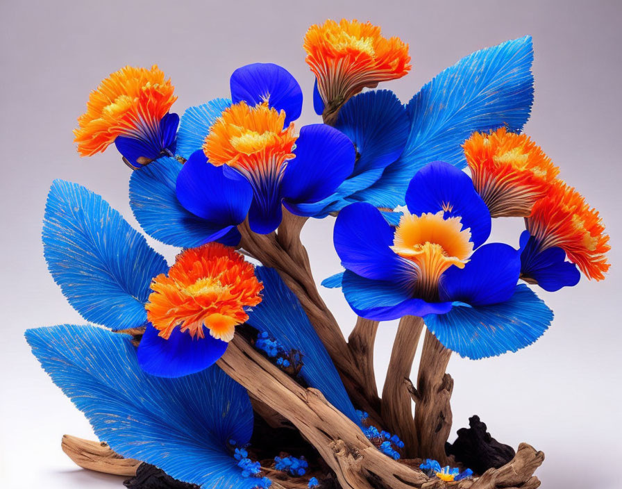 Blue and Orange Artificial Flowers with Petal Details on Neutral Background