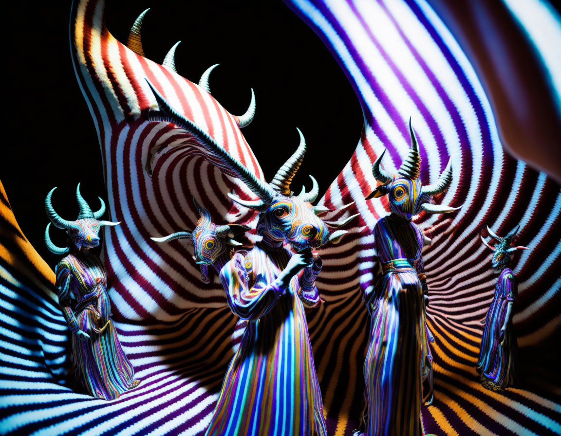 Colorful Striped Costumes and Horned Masks in Surreal Setting