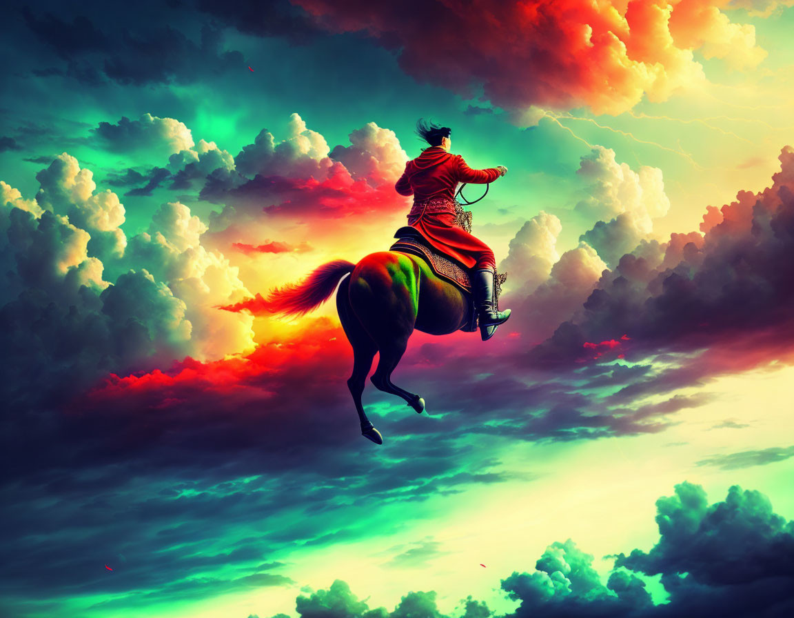 Colorful digital artwork: Warrior on horseback in dynamic sky with vibrant colors and lightning