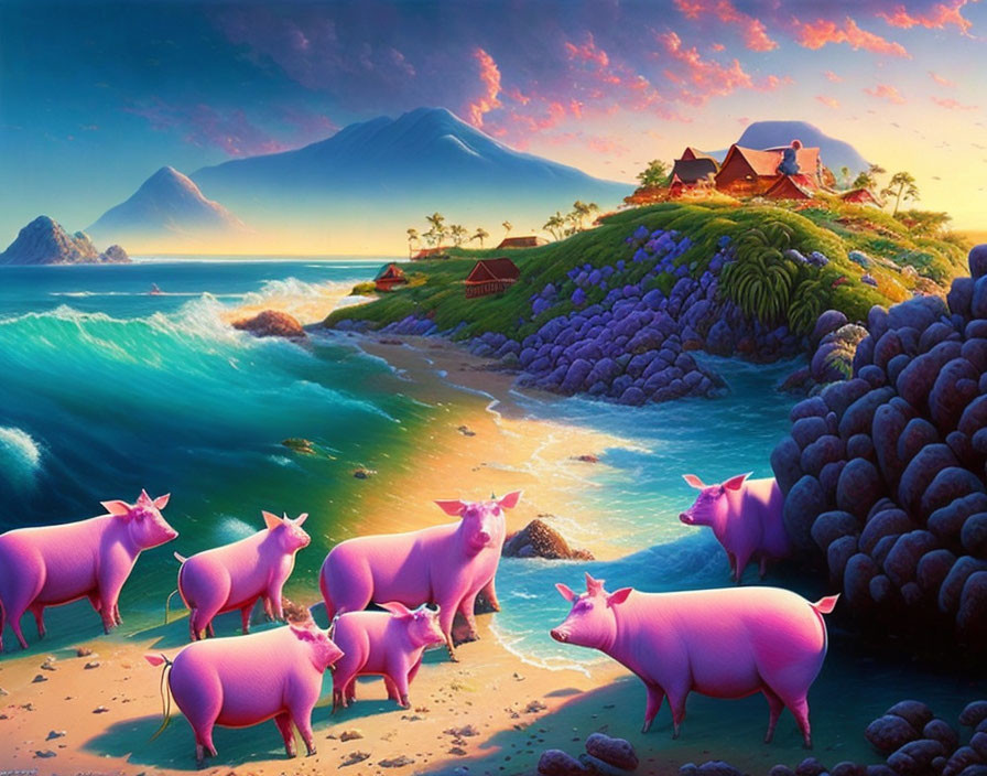 Colorful beach scene with pigs, huts, and mountains at sunset