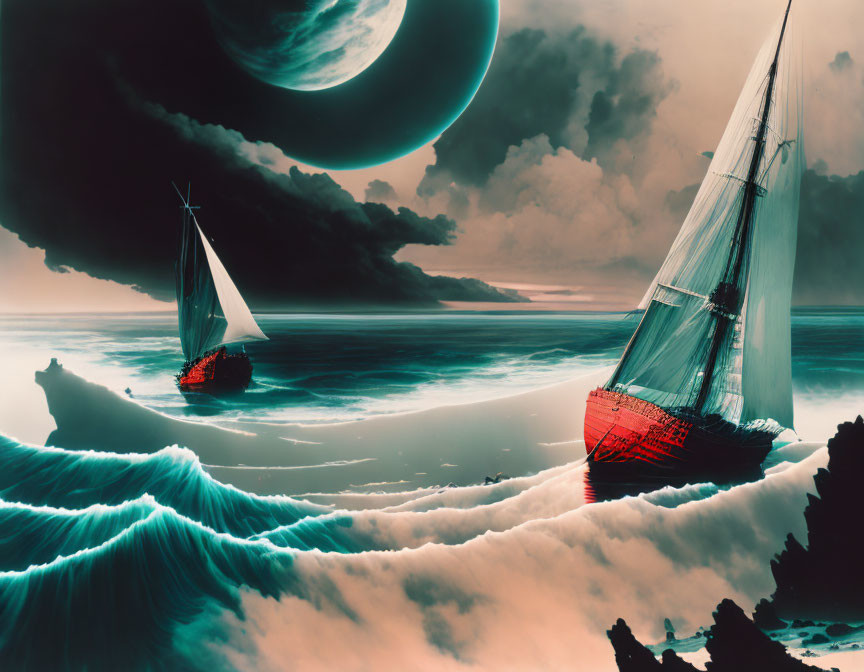 Surreal seascape: sailing ships, celestial sky, glowing waves