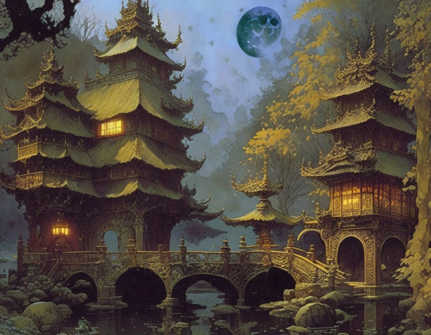 Asian-style Pagoda Buildings in Golden Autumn Scene under Blue Moon