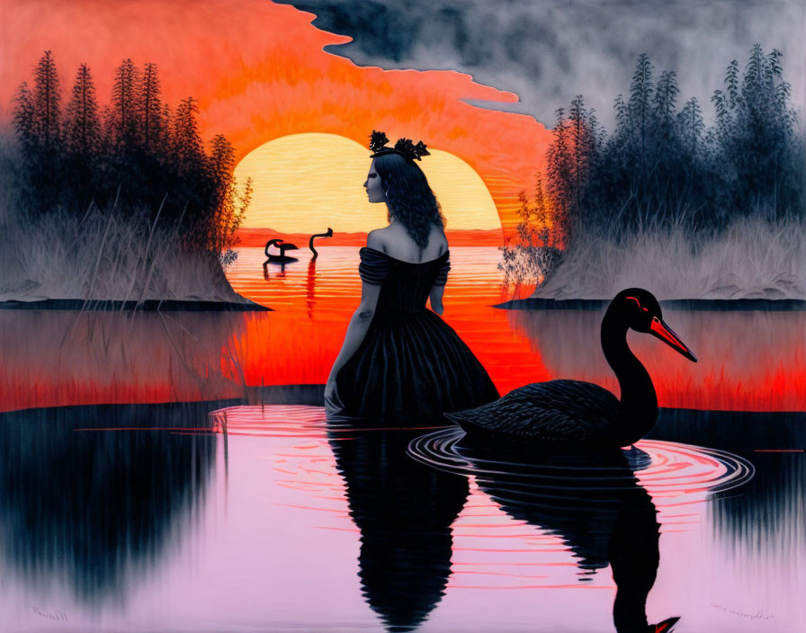 Woman in black dress standing in serene lake at sunset with swan and colorful reflections