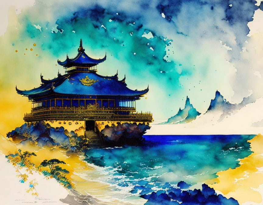 Watercolor painting of traditional Asian pagoda by water with misty mountains and colorful sky.