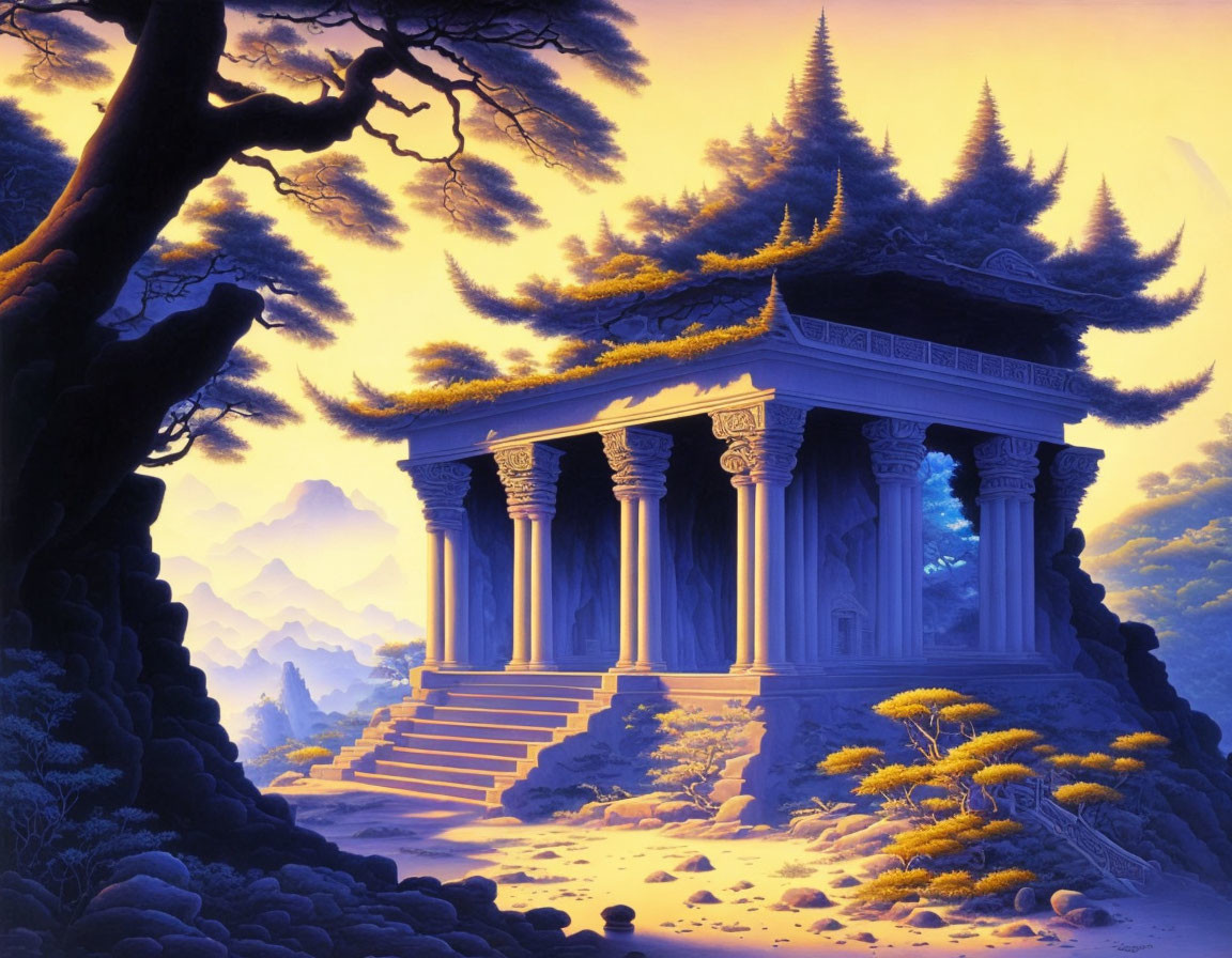 Ancient Temple with Corinthian Columns in Purple Forest at Dusk