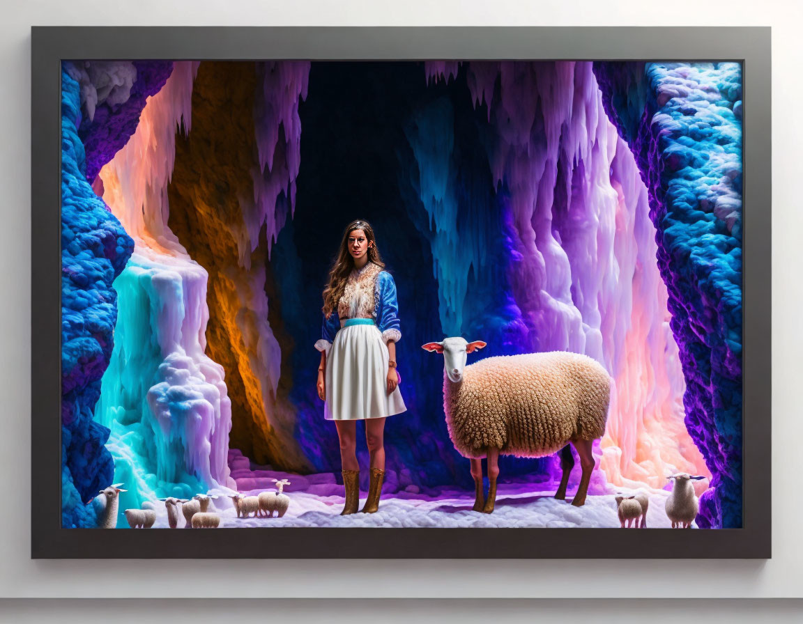 Woman surrounded by sheep in colorful cave setting with blue and purple hues